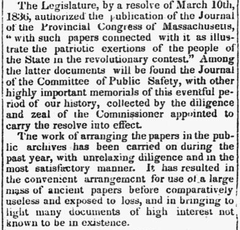Historical newspaper page from 1838 featuring Massachusetts Archives and Salem Gazette