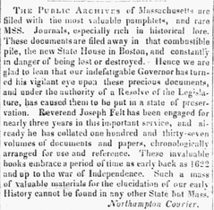 1839 newspaper article about public archives of Massachusetts and Massachusetts State House, Boston