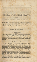 First page of A Modell of Christian Charity, a historical sermon attributed to John Winthrop, published in 1838 by the Massachusetts Historical Society