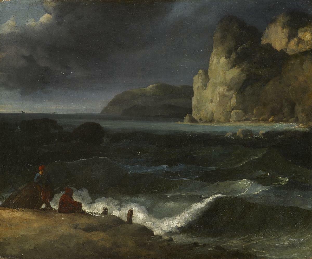 Seascape painting with fishermen on the shore by Théodore Géricault