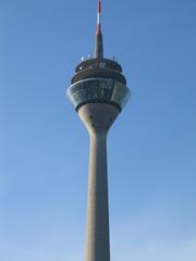 Close-up view of Rheinturm tower in Düsseldorf