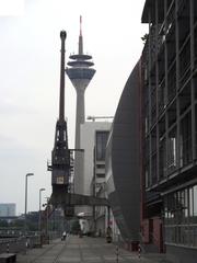 Düsseldorf Medienhafen waterfront with modern architecture and Rheinturm tower