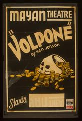 Poster for Federal Theatre Project's production of Volpone featuring a skull with gold coins at the Mayan Theatre