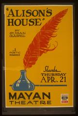 Vintage poster for Federal Theatre Project presentation of 'Alison's House' featuring a quill pen in an ink well