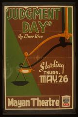 Poster for Federal Theatre Project's Judgement Day at Mayan Theatre showing half of a scale symbolizing judgement