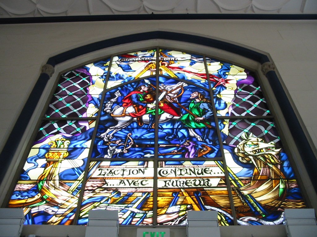 Stained glass window depicting the Battle of Hastings at UC Hastings College of the Law
