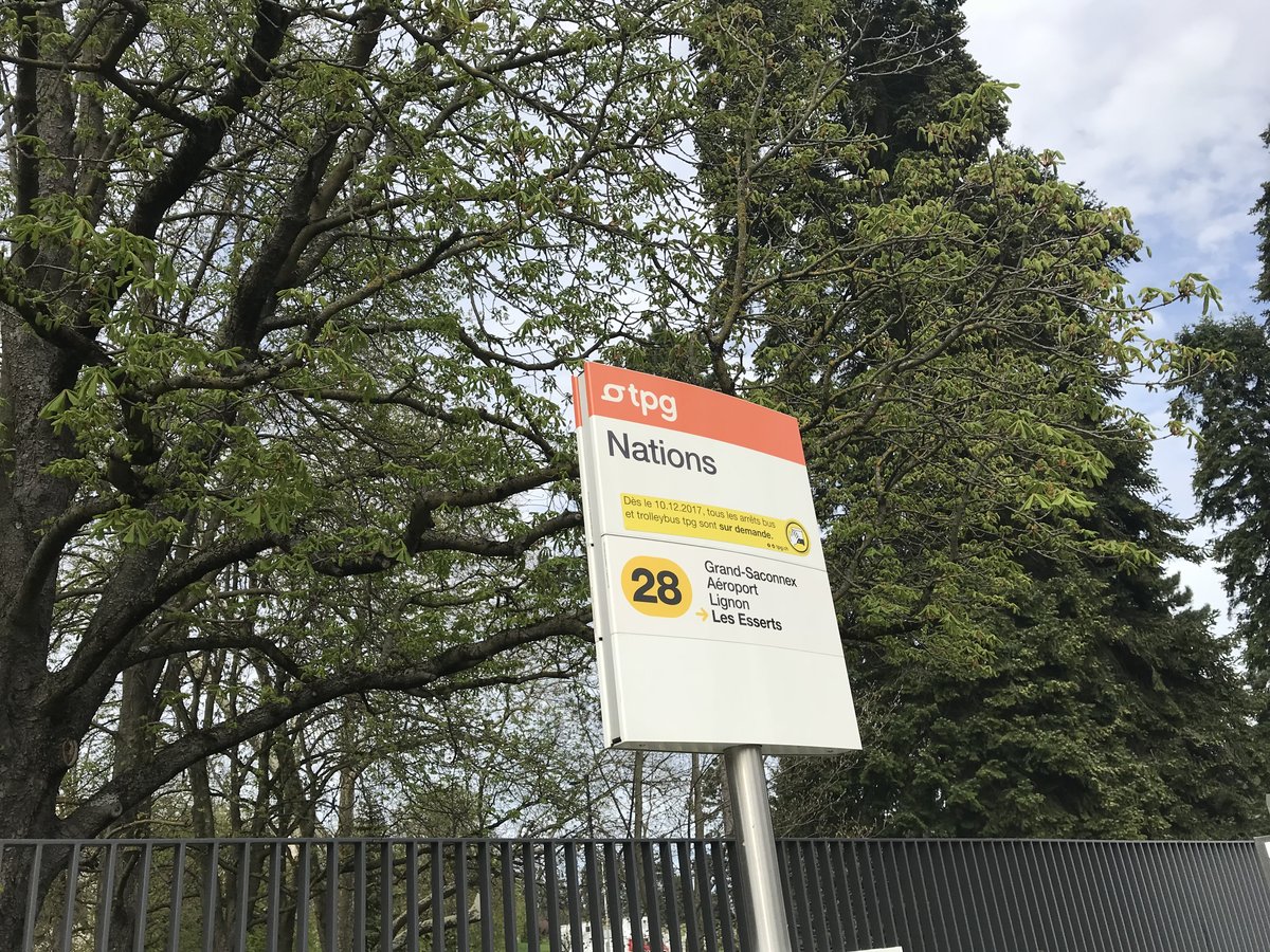 Campus des Nations Unies main bus stop in Geneva with modern UN buildings