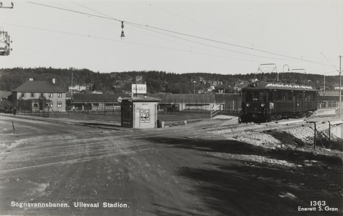 Ullevål train station in Oslo Norway with train on tracks and station platform