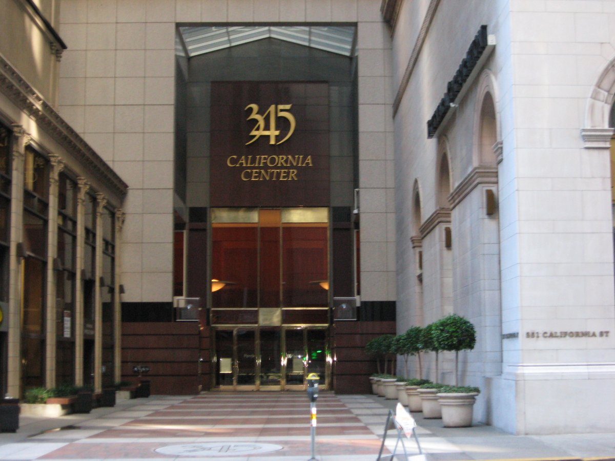 345 California Center front entrance with surrounding urban buildings