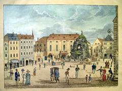 Colored lithograph of Zelny Trh market in Brno from 1827