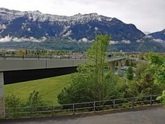 Goldswil Viaduct in Switzerland with train approaching Interlaken