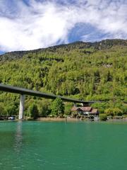 View of Goldswil Viaduct over the Aare River with Hardergrat mountain ridge in the background