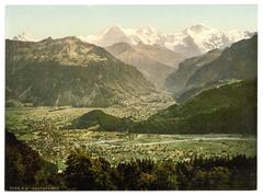 Scenic view of Beatenburg, also known as Beatenberg, from Amisbuhl in the Bernese Oberland region of Switzerland with lush greenery and mountains