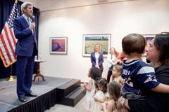 U.S. Secretary of State John Kerry addressing embassy workers at U.S. Embassy Riyadh