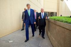 U.S. Secretary of State John Kerry departing U.S. Embassy in Riyadh with Ambassador Joseph Westphal