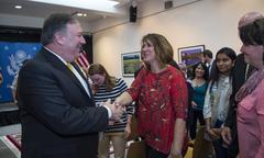 U.S. Secretary of State Mike Pompeo meeting staff and families from U.S. Embassy Riyadh in Riyadh, Saudi Arabia