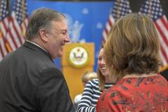 U.S. Secretary of State Mike Pompeo meeting staff and families at U.S. Embassy Riyadh