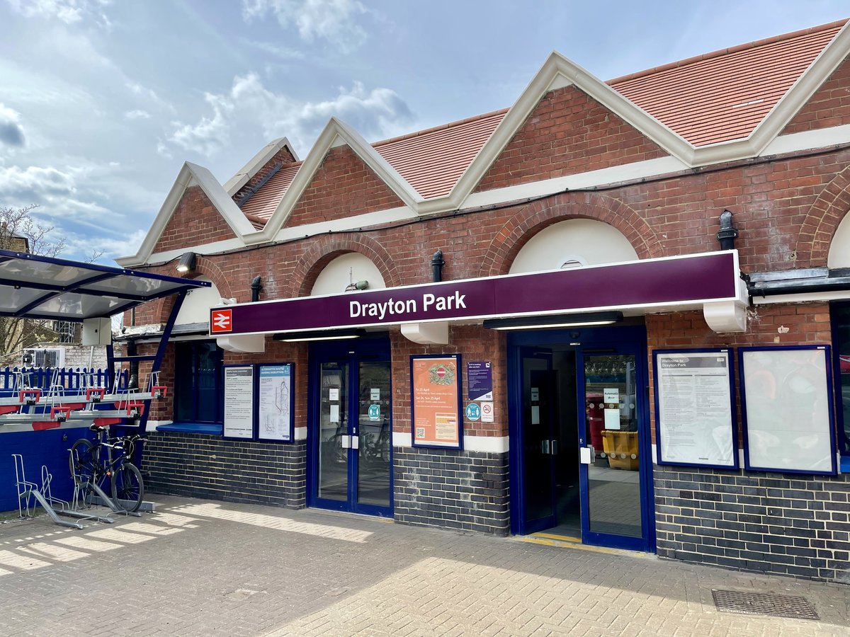 Drayton Park railway station entrance with bicycle parking at the front