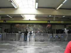 Mural painted by Arturo Garcia Bustos at Metro Universidad Station titled 'La Universidad en el umbral del siglo XXI' circa 1989