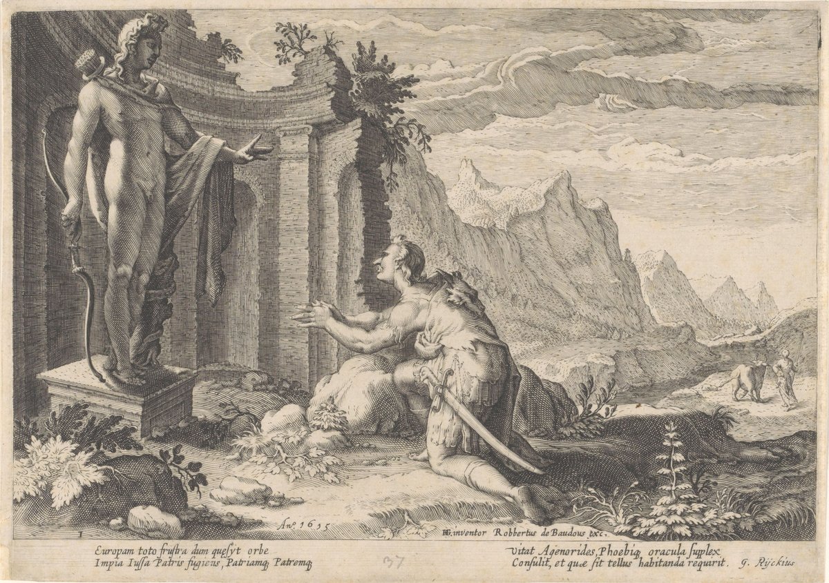 Engraving of Cadmus consulting the oracle of Apollo at Delphi featuring a kneeling Cadmus and a cow being driven in the background