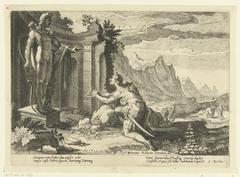 Cadmus asks the oracle of Delphi for guidance after failing to find his sister Europa, depicted in a 1615 engraving