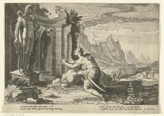 Engraving depicting Cadmus consulting the oracle of Delphi while leading a cow, illustrating a scene from Ovid's Metamorphoses