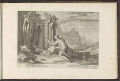 Cadmus consulting the oracle of Delphi while following the cow that will lead him to found Thebes, from Ovid's Metamorphoses, engraving by Hendrick Goltzius