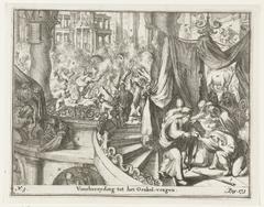 Eighteenth-century etching depicting the preparation for consulting the Delphic oracle with numbered elements referencing text in a book