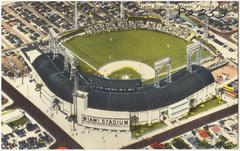 Historic Miami Stadium in Florida postcard from the 1930s-1940s showing the stadium building and surrounding area