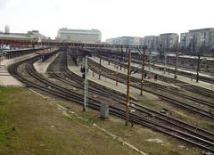 Bucharest Gara de Nord railway station exterior view with trains and passengers