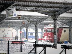 Train platforms covered with snow at Bucharest North railway station on a snowy day