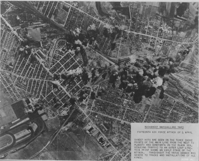 Gara de Nord Bucharest bombed by US Air Force in World War II on April 4, 1944 showing war damage and smoke