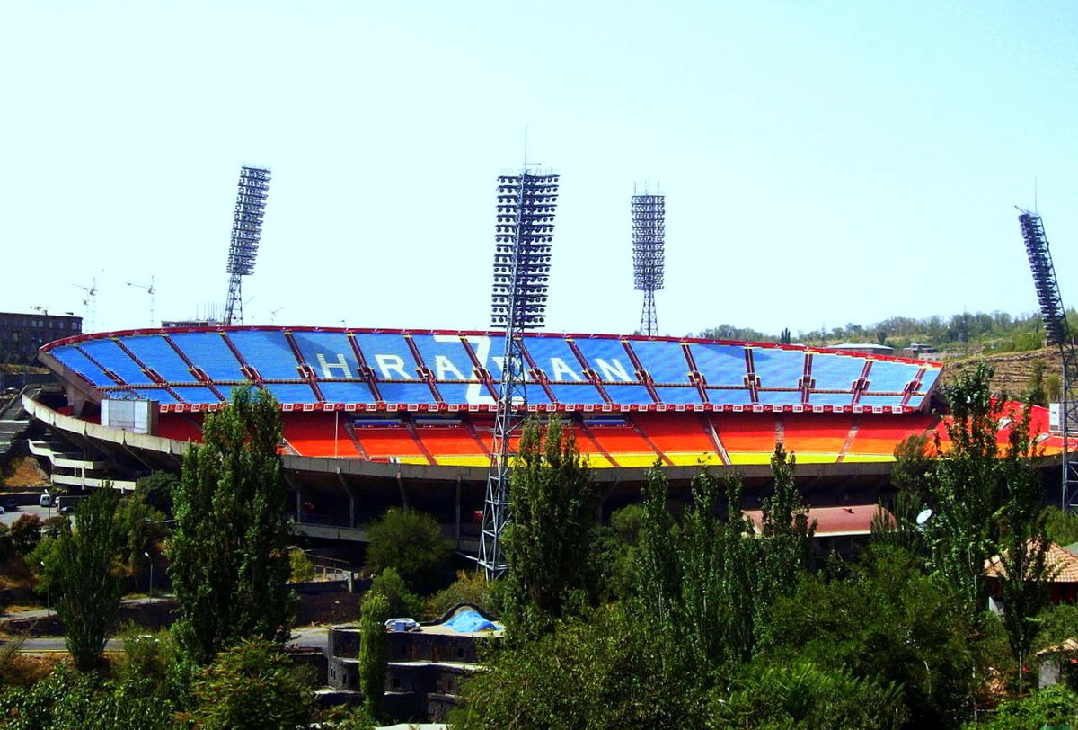 Hrazdan Stadium illuminated at night