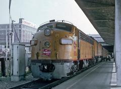 MILW 100A FP7 locomotive with Train 5 Morning Hiawatha at Milwaukee, WI with FP45 behind, August 31, 1969