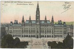 Early 20th century view of Vienna city with historic architecture and Rathaus building