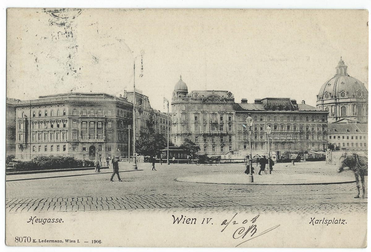 Early 20th century street view of Vienna city showing Neugasse and Karlplatz