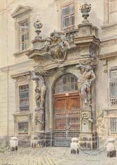 Entrance portal of Palais Liechtenstein in Vienna's 1st district, watercolor painting by Ernst Graner