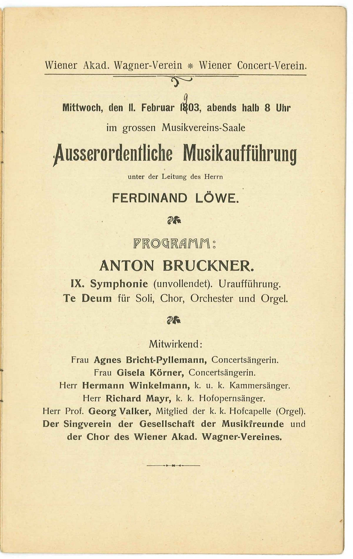 Programme for the world premiere of Anton Bruckner's Symphony No. 9 held on February 11, 1903 in Vienna