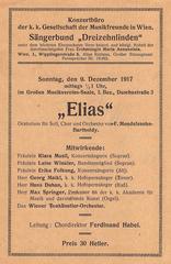 Poster for the performance of Mendelssohn's Elijah by Sängerbund Dreizehnlinden and Wiener Tonkünstler-Orchester conducted by Ferdinand Habel on December 9, 1917