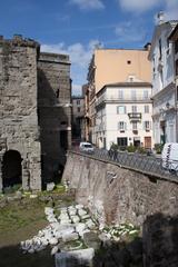 Ancient ruins of the Forum of Nerva in Rome with pillars and stone structures under a clear sky