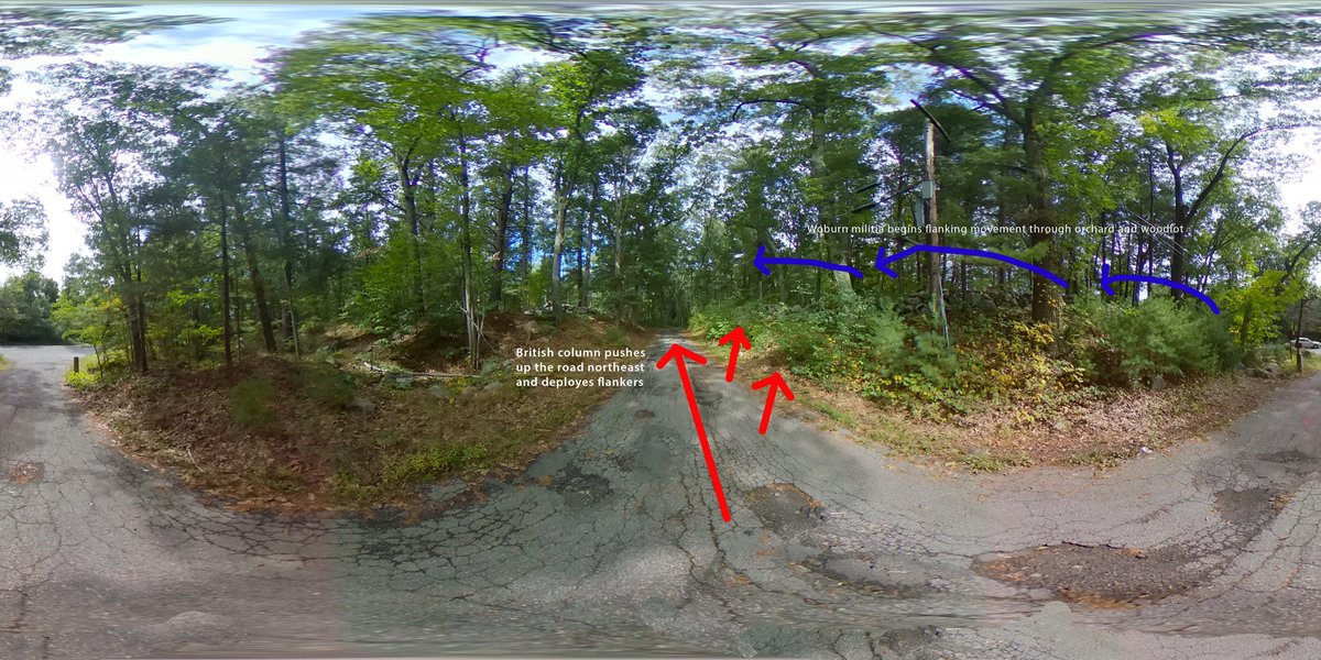 Modern wooded roadway with annotated troop movements during the American Revolution