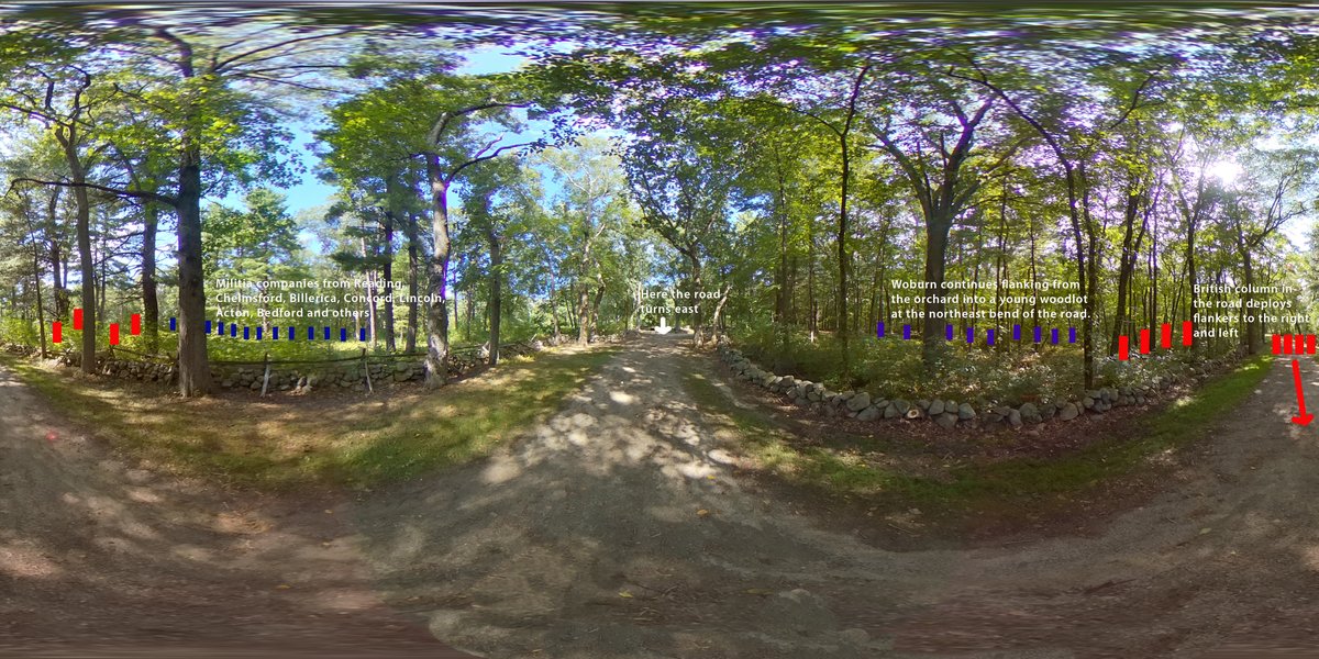 Historic dirt roadway with stone walls and woods on both sides, showing troop movements during the American Revolution