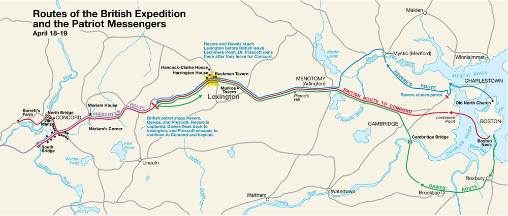 Map showing outbound routes of Patriot riders and British troops in the Battles of Lexington and Concord April 19 1775