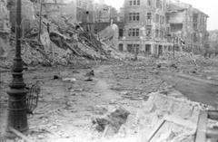 Insurgent crawling under enemy fire at Plac Krasińskich during Warsaw Uprising