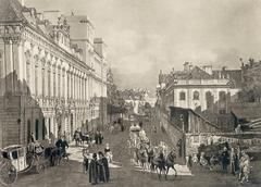 Historic black and white view of Miodowastraße street in Warsaw from 1777