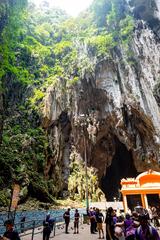 Karst formations inside the Batu Caves with rugged limestone structures