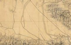 1880 detailed map of central and southeastern San Fernando Valley, showing Rancho Los Encinos, Mission San Fernando Rey de España, Tujunga River, and Los Angeles River channels
