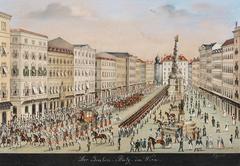 Der Graben square in Vienna with the Pestsäule monument, imperial carriage and military presence