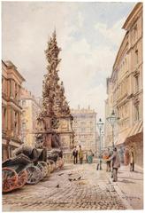 Watercolor painting of Der Graben street in Vienna with the Pestsäule monument