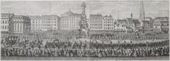Festive procession in Vienna Graben for Maria Theresa's homage as Archduchess of Austria, 1740 copperplate fold-out illustration